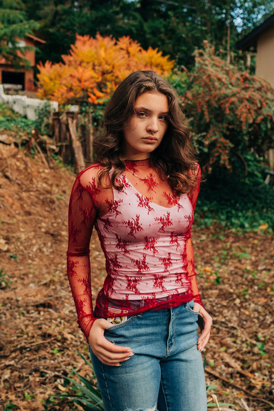Lover Long Sleeve Lace Top - Burgundy