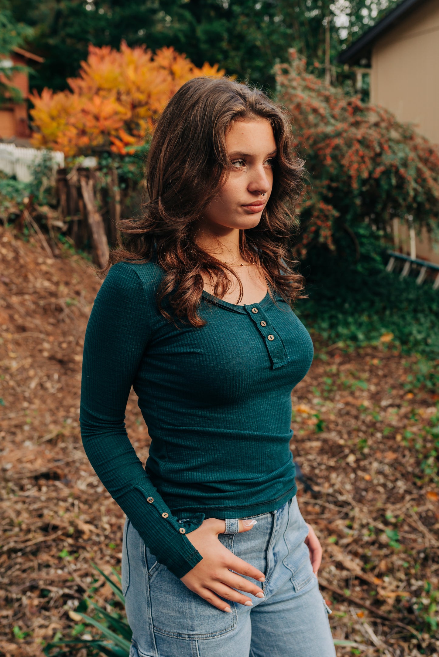 Ribbed Long Sleeve Henley - Forest