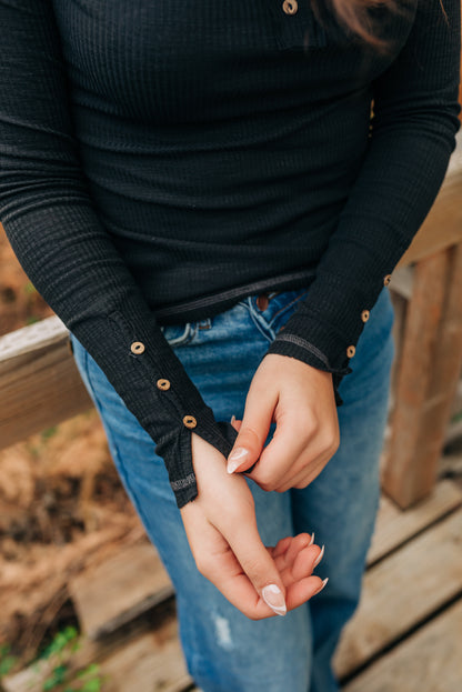 Ribbed Long Sleeve Henley - Black