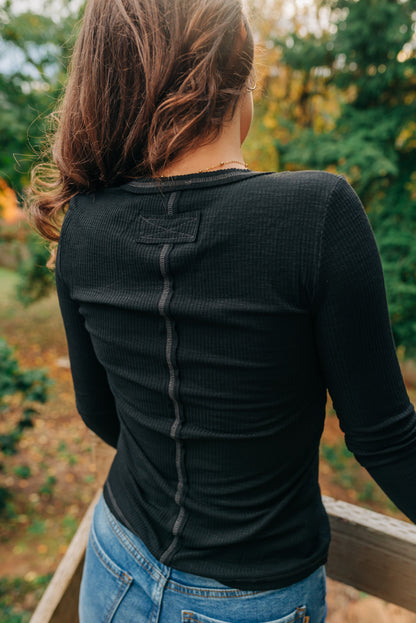 Ribbed Long Sleeve Henley - Black